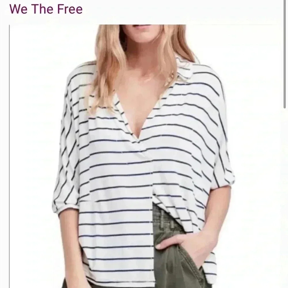 We The Free Navy & White Stripe Crop Collared Top in Size Medium